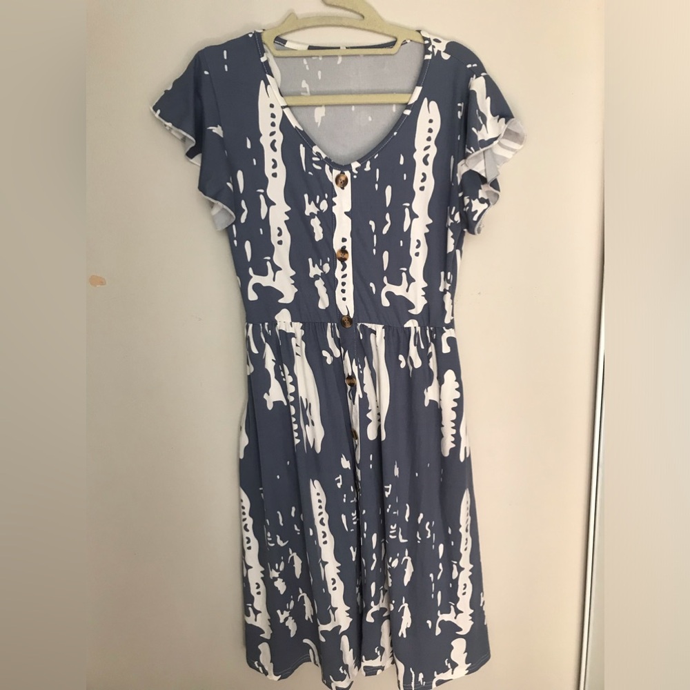 Blue and White Printed Button-Front Women's Dress